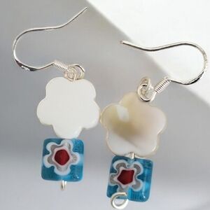 Silver Plated Hibiscus Mother Of Pearl Flower Millefiori Earrings
